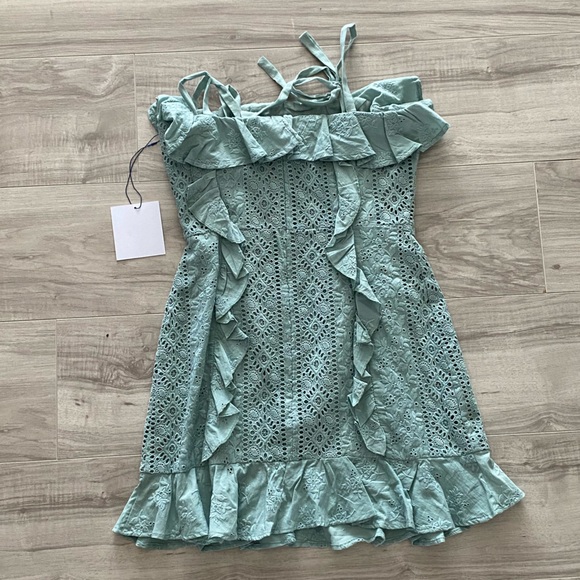 MAJORELLE NWT Teal eyelet shoulder tie dress small NWT NEW ruffles shoulder tie - Picture 5 of 12